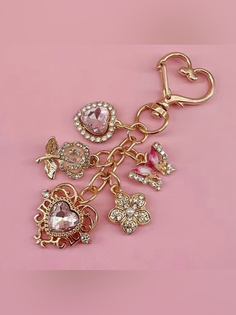 Gold Pink Crystal Charm Keychain - Women Jewelry